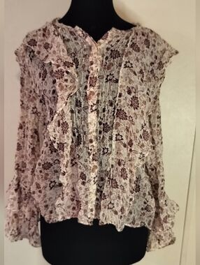 Kobi Halperin Sheer Floral Ruffle Blouse - Cream and Brown